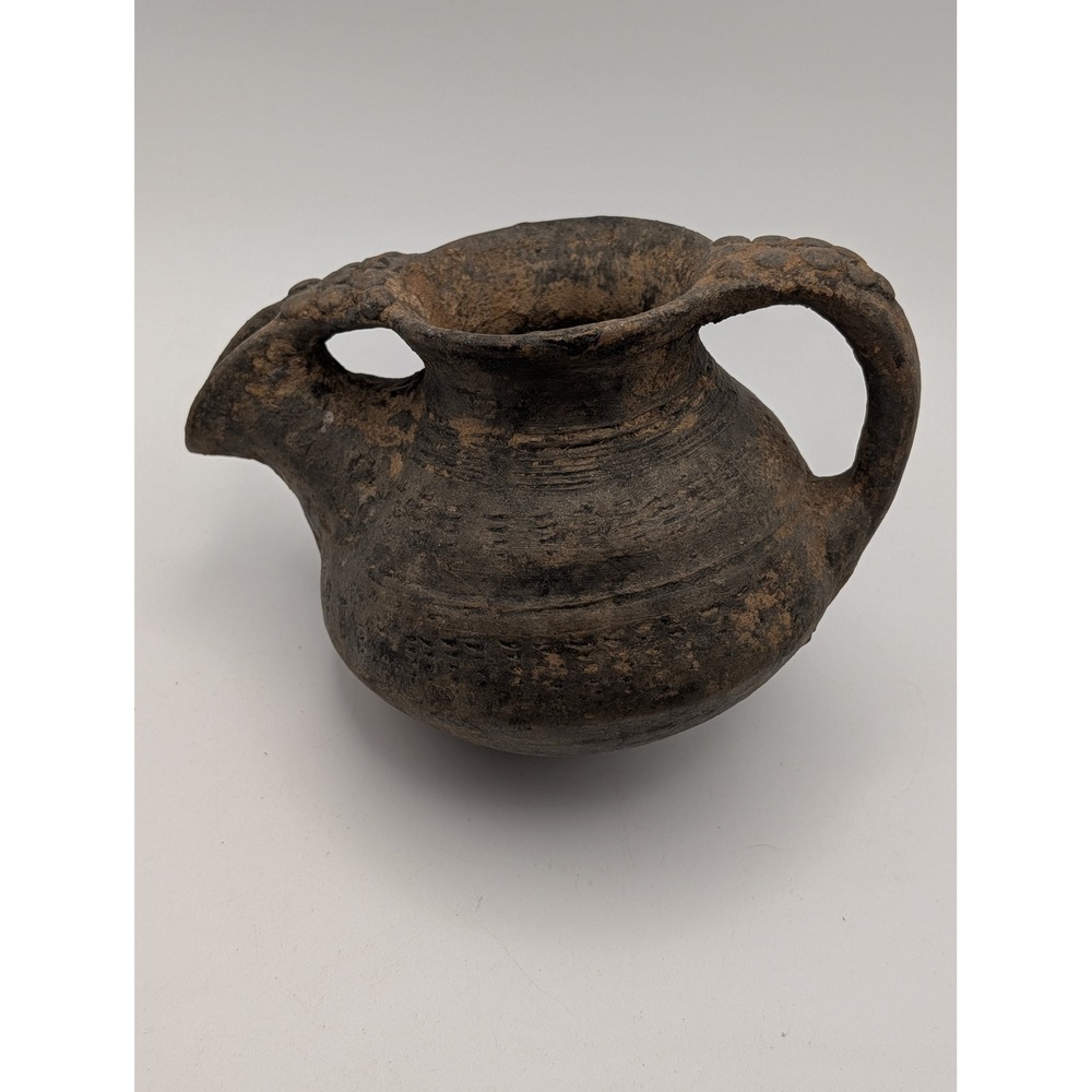 Ancient Antique Mesopotamian Handcrafted Terracotta Spouted Vessel Dark Clay Jug